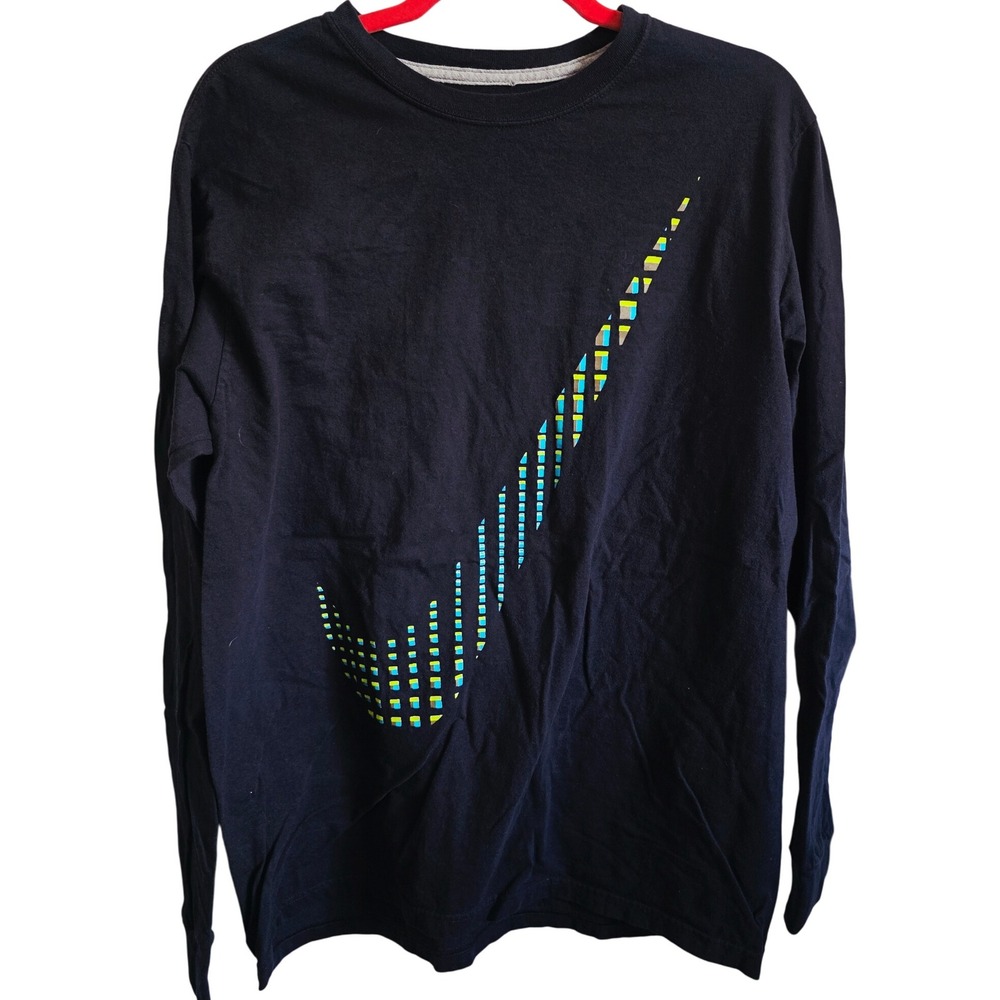 Nike Long Sleeve T Shirt Men's Large Graphic Swoosh‎ Black Cotton Athletic Fit